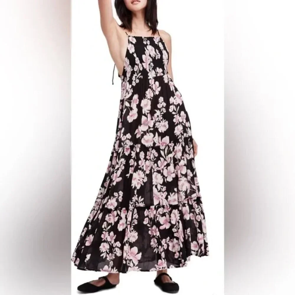 Free People Black Floral Smocked Maxi tiered Dress Long ties on shoulder